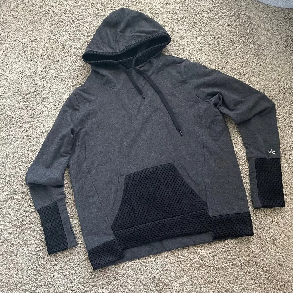 NWOT Alo Yoga Eclipse Yoga Long Sleeve Hoodie Gray/Black Mesh sz L